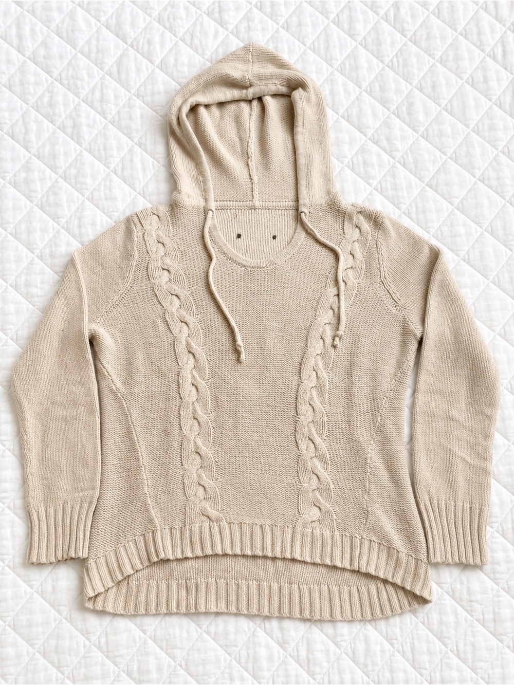 Cream Cable Knit Hooded Sweater Cozy Cottagecore Fisherman Knit M